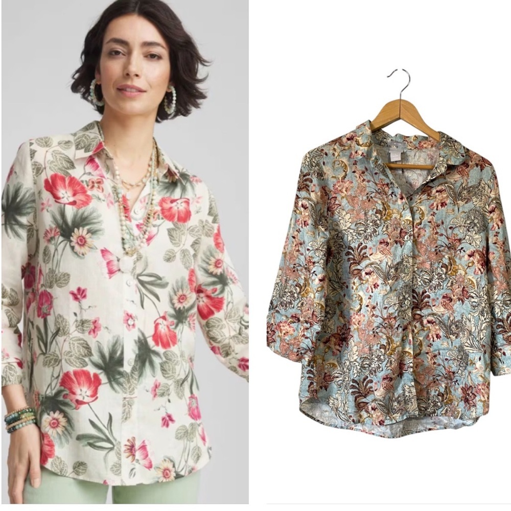 Chico’s No Iron Floral Linen button front Shirt Women's Top size 1 or Medium